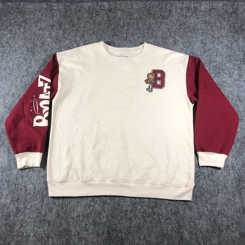 Bratz Sweatshirt‎ Womens XL White Burgundy Varsity B Graphic Pullover Fleece